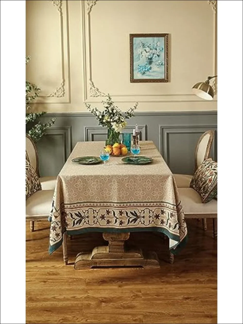 Linen Polyester Rectangular Tablecloth 87x55 Farmhouse Floral Dining Table Cover